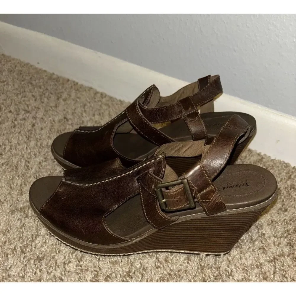 Timberland Earthkeepers Danforth Brown Wedge Leather Sandals Size 9 Anti-Fatigue
